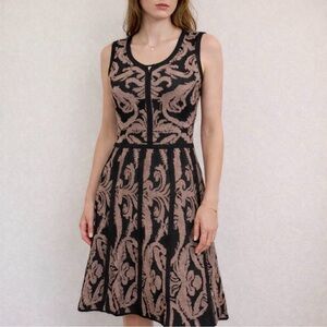 Carmen Marc Valvo Black & Taupe Damask Knit Fit & Flare Dress